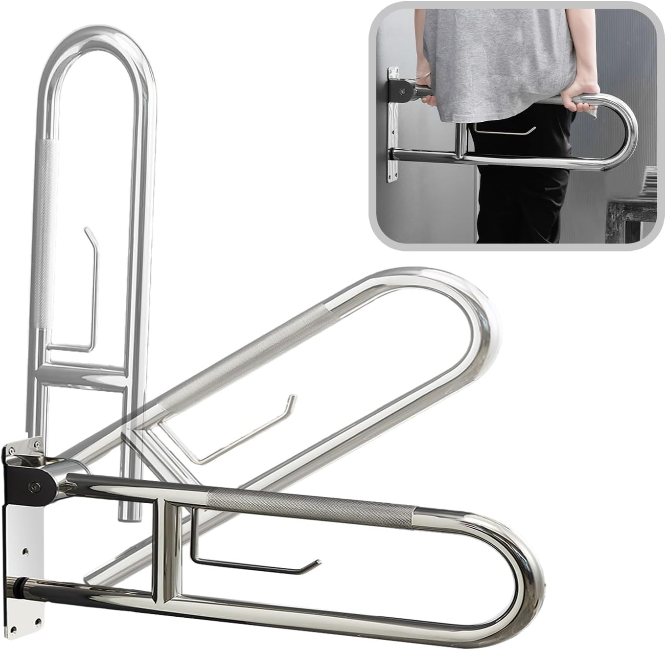 Fold-Down Toilet Grab Bar with Paper Holder