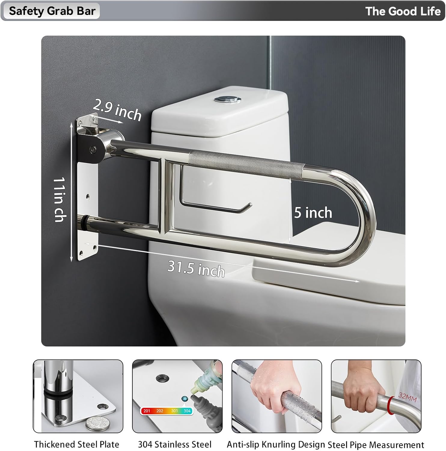 Fold-Down Toilet Grab Bar with Paper Holder - Image 2